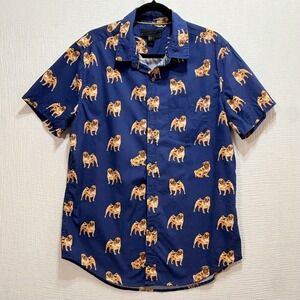 21 Men Button Down Mens Large Navy Blue Pug Dog Print Short Sleeve Shirt Novelty